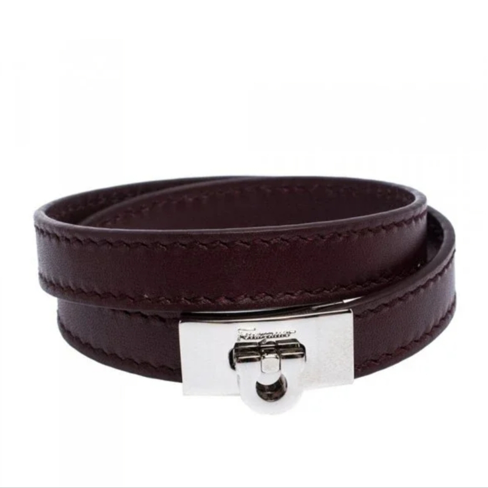 Salvatore Ferragamo Gancini Turn Lock Leather Double Wrap Bracelet Burgundy New